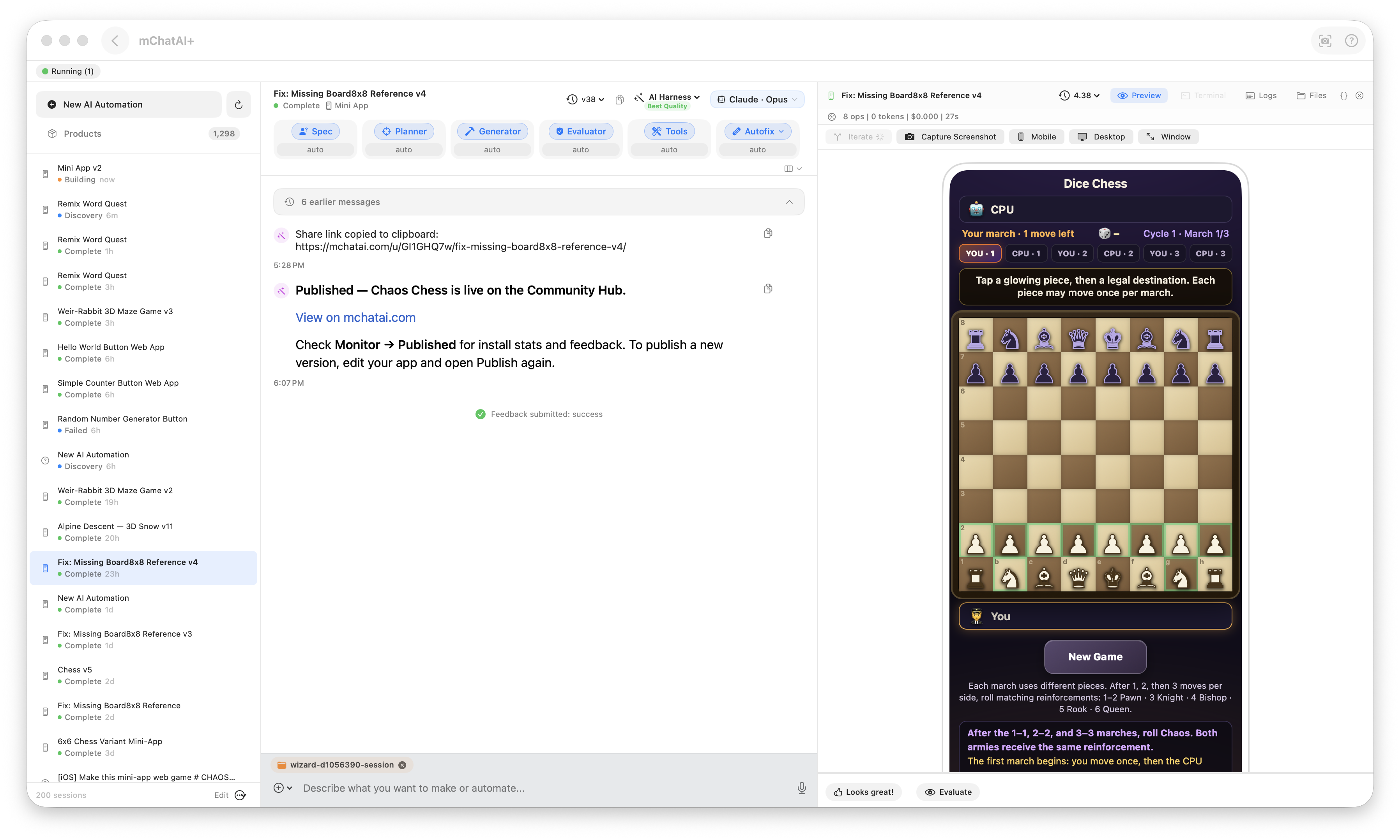 Building and publishing chess variants inside the mChatAI+ AI Harness — the session list on the left, a Chaos Chess publish confirmation, and the playable Chaos Chess board on the right.