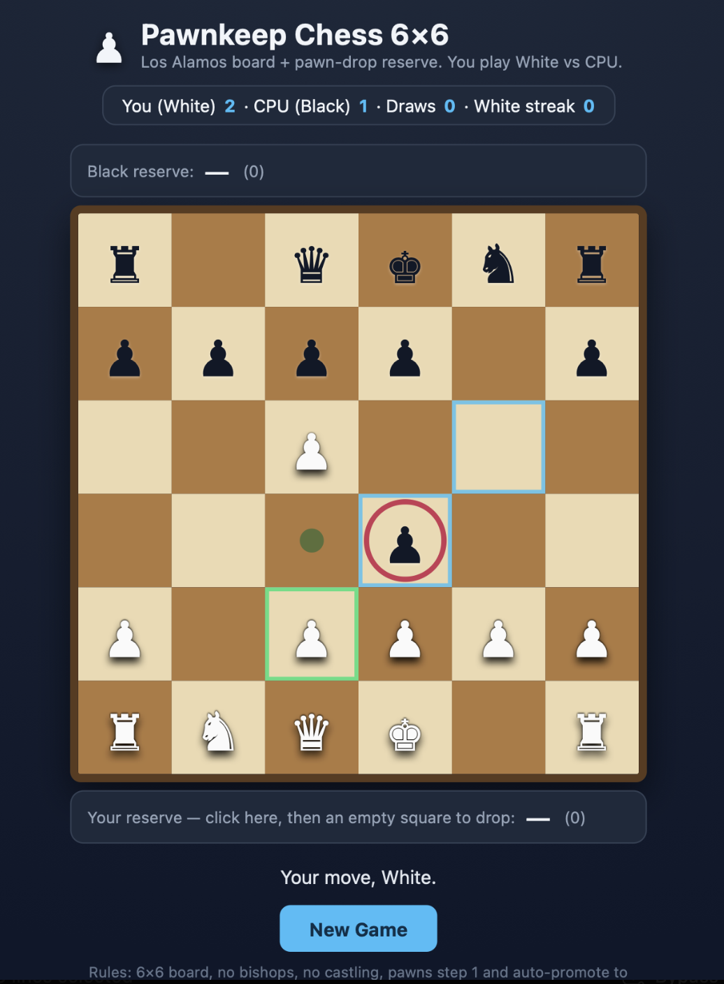 Pawnkeep Chess 6×6 — a compact six-by-six board (no bishops, no castling) with a pawn-drop reserve, played White vs. CPU.