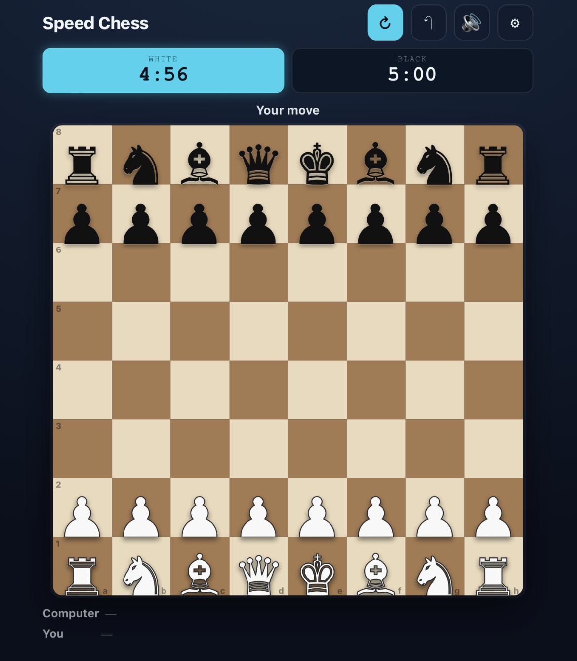 Speed Chess — the blitz board with White and Black countdown clocks, White to move with 4:56 on the clock.