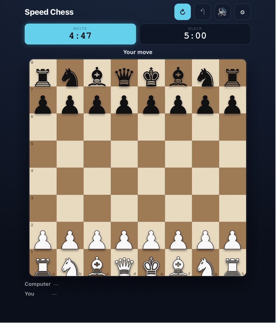 Speed Chess — a mobile-first blitz board, White's clock ticking at 4:47, the board as the hero